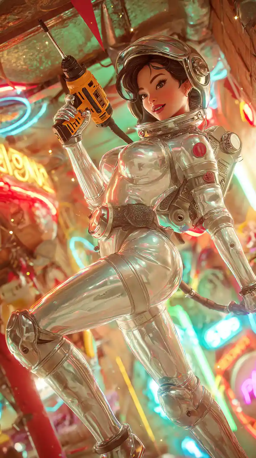Curvaceous Female Astronaut With Drill In Retro Space Station