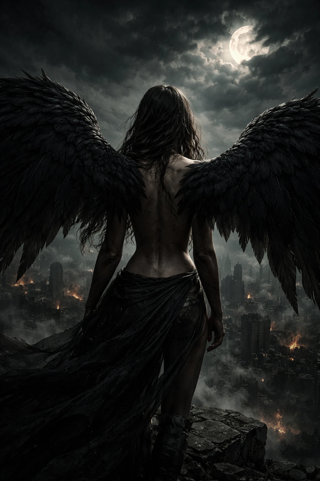 Dark winged angel overlooking a ruined apocalyptic city