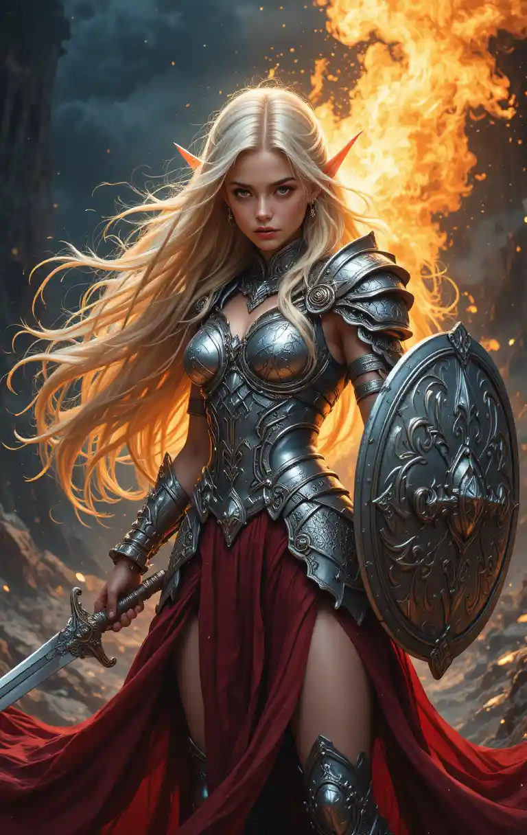Guerrière elfe blonde en armure d’argent devant un feu ardent