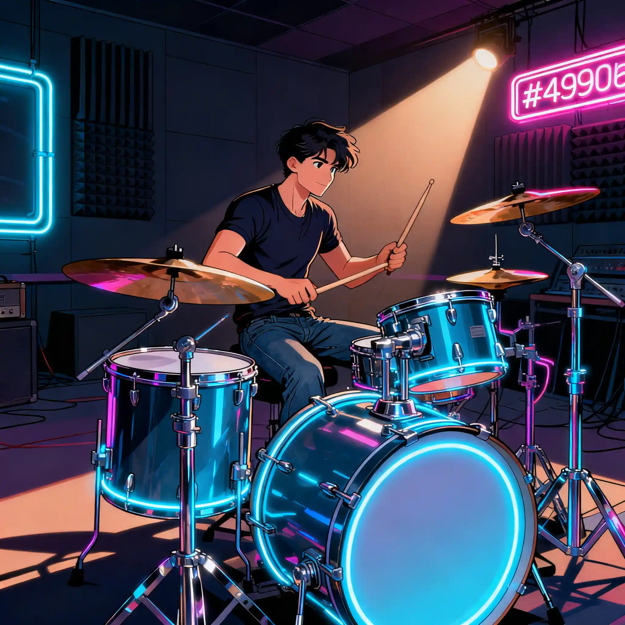 Intense drummer on double bass kit in neon studio