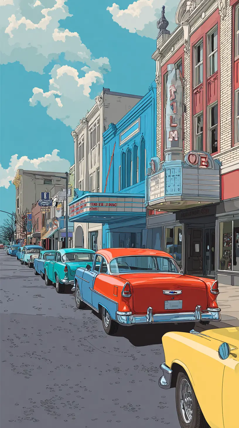 Colorful 1950s American cars parked on small town street