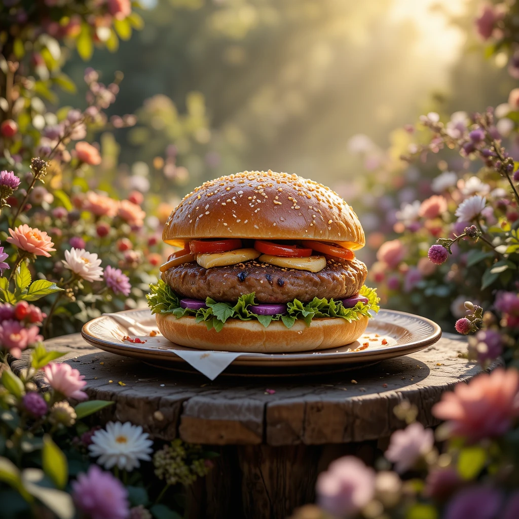 Gourmet fantasy burger in a magical garden setting