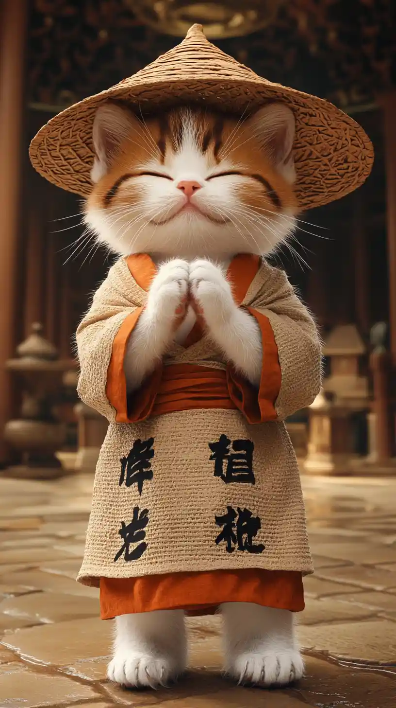 Pacifico gattino monaco in stile anime che prega in un tempio
