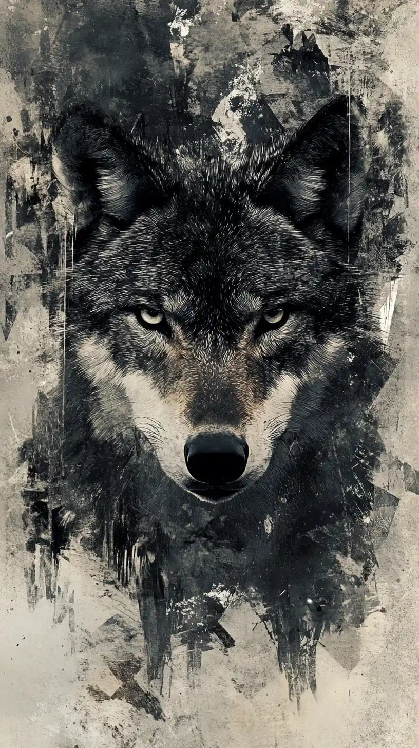 Angular wolf portrait with intense eyes and abstract background