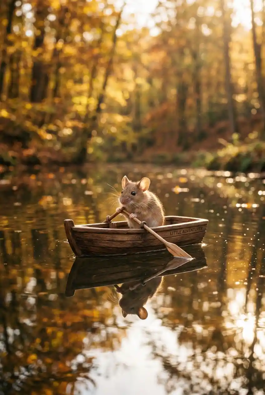 Little mouse rowing a wooden boat at golden hour