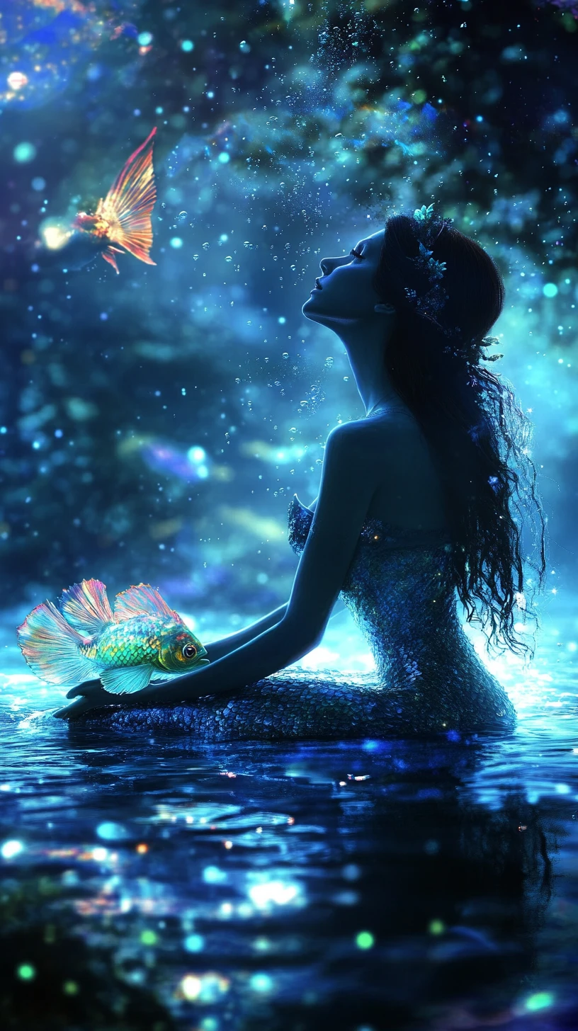 Mystical Mermaid In A Shadowy Monochrome Underwater Realm