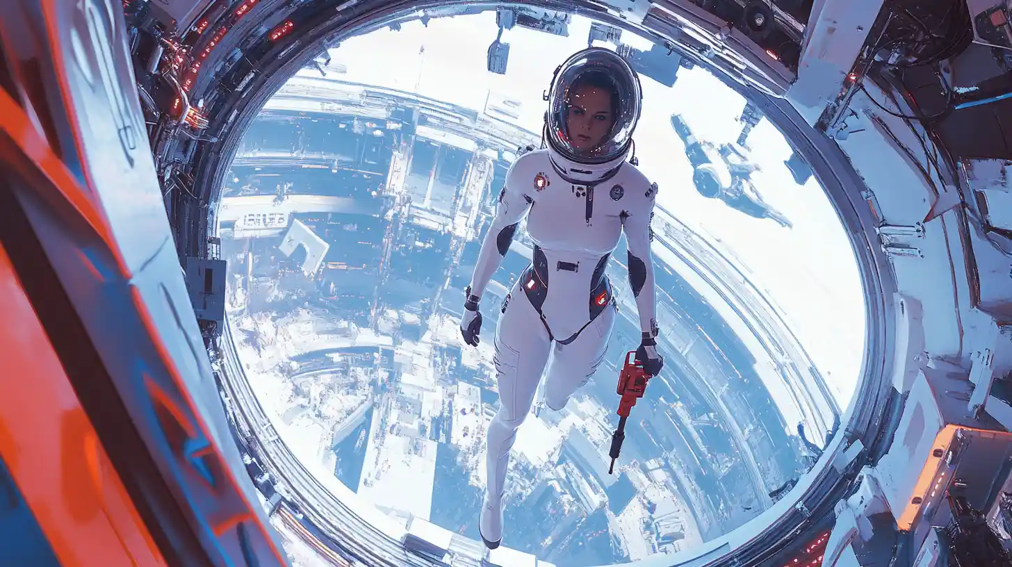Astronauta femenina flotando en una concurrida estación espacial retro