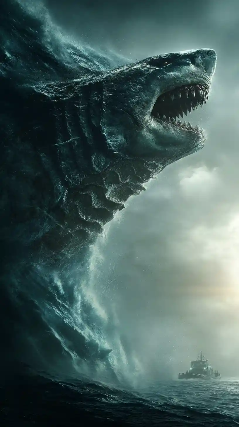 Colossal shark erupting from stormy ocean at twilight