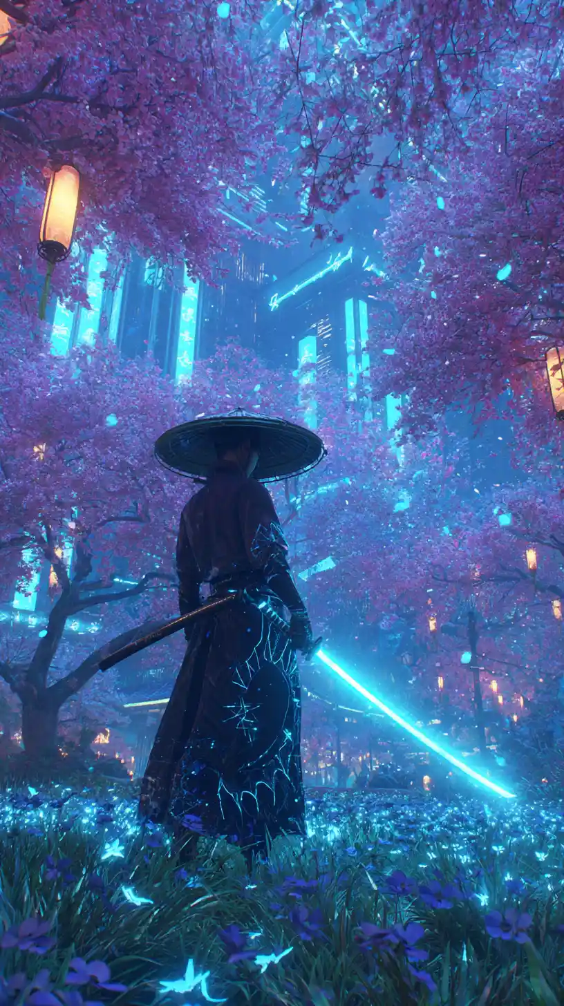 Samouraï femme avec katana néon dans un champ de fleurs lumineux