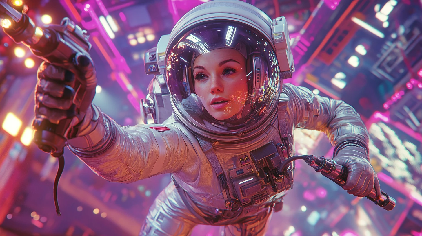 Astronauta Curvy con Trapano in Stazione Spaziale Retrò