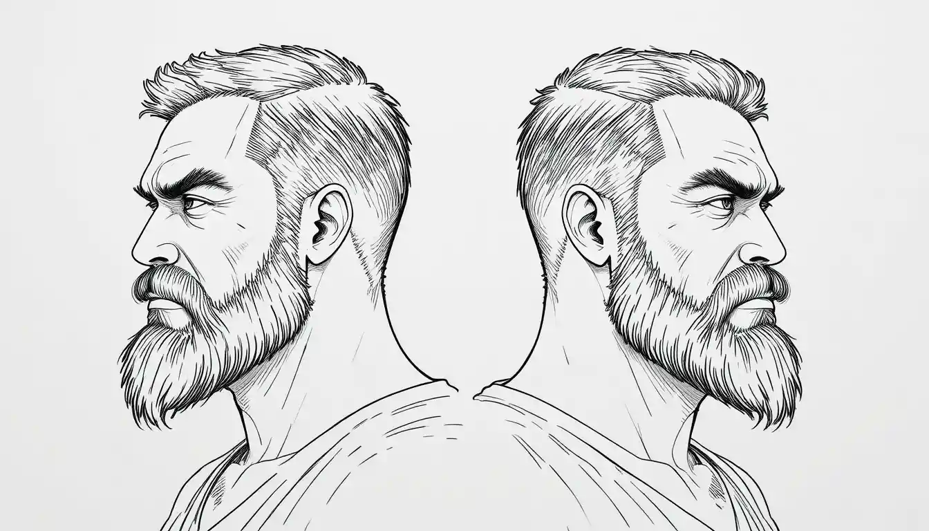 Stern Bearded Man In Symmetrical Profile Line Drawing