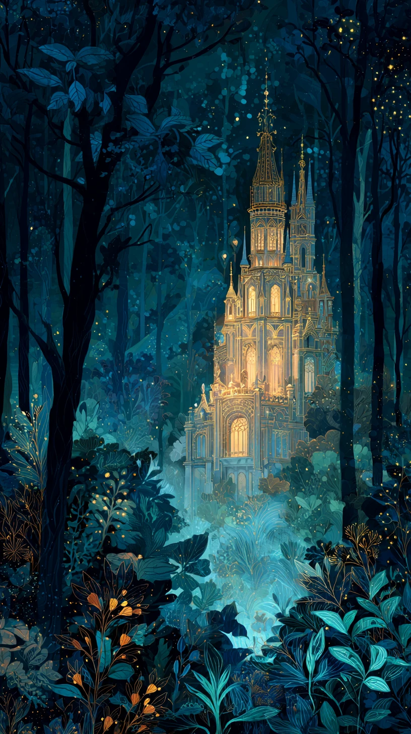 Ethereal Fantasy Castle Glowing Beyond A Dark Forest