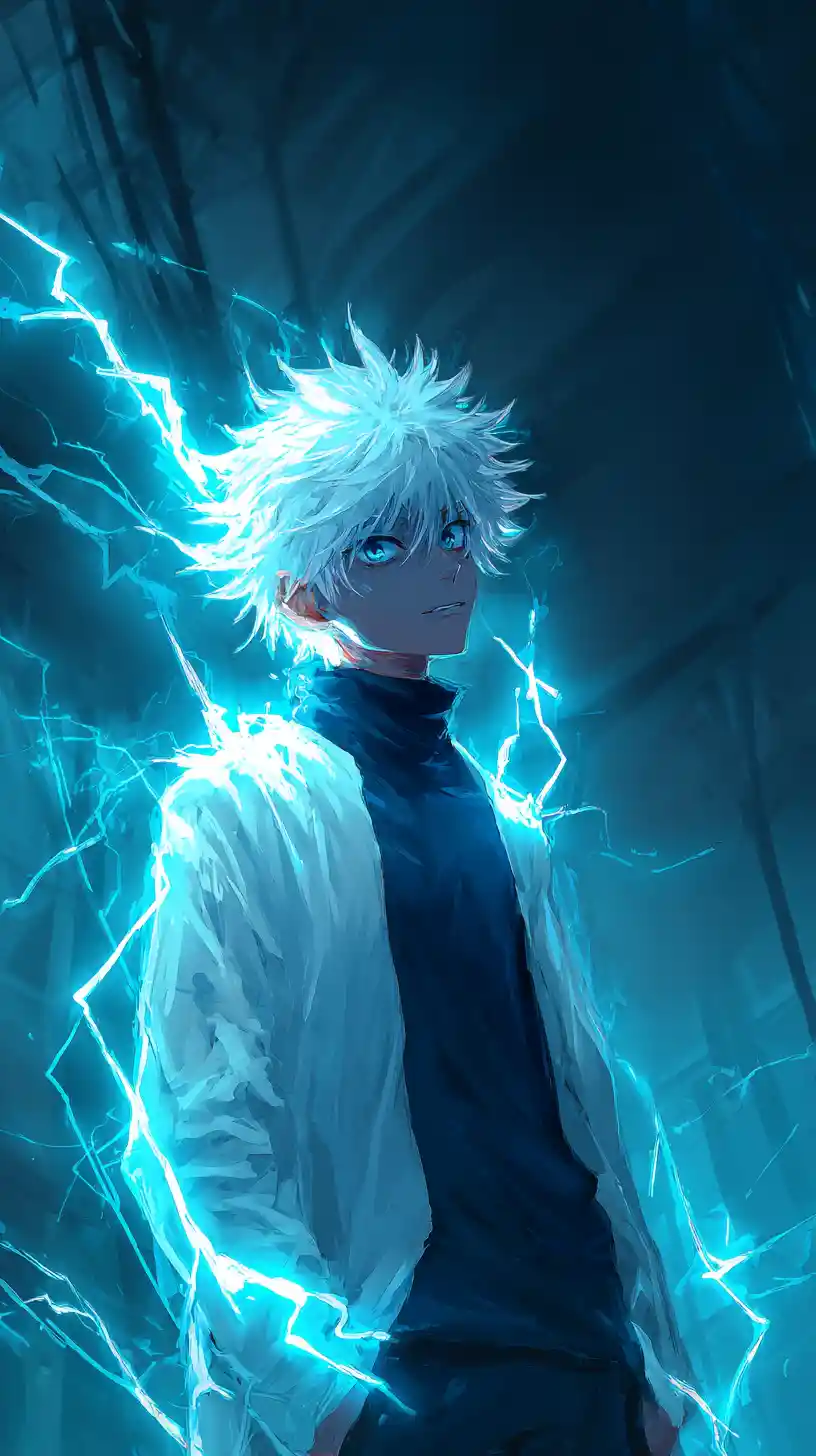 Anime-Junge mit leuchtend weißem Haar und elektrischen Blitzen