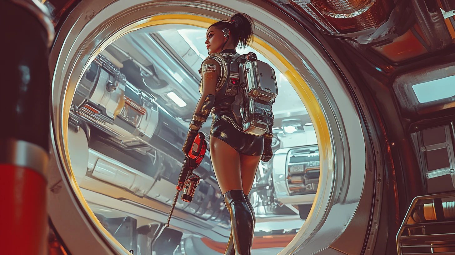 Female astronaut floating with power drill in space station