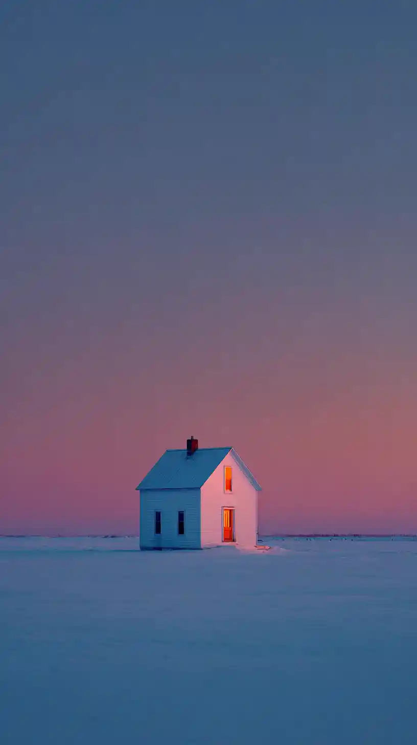Small White House In Snow At Calm Winter Twilight