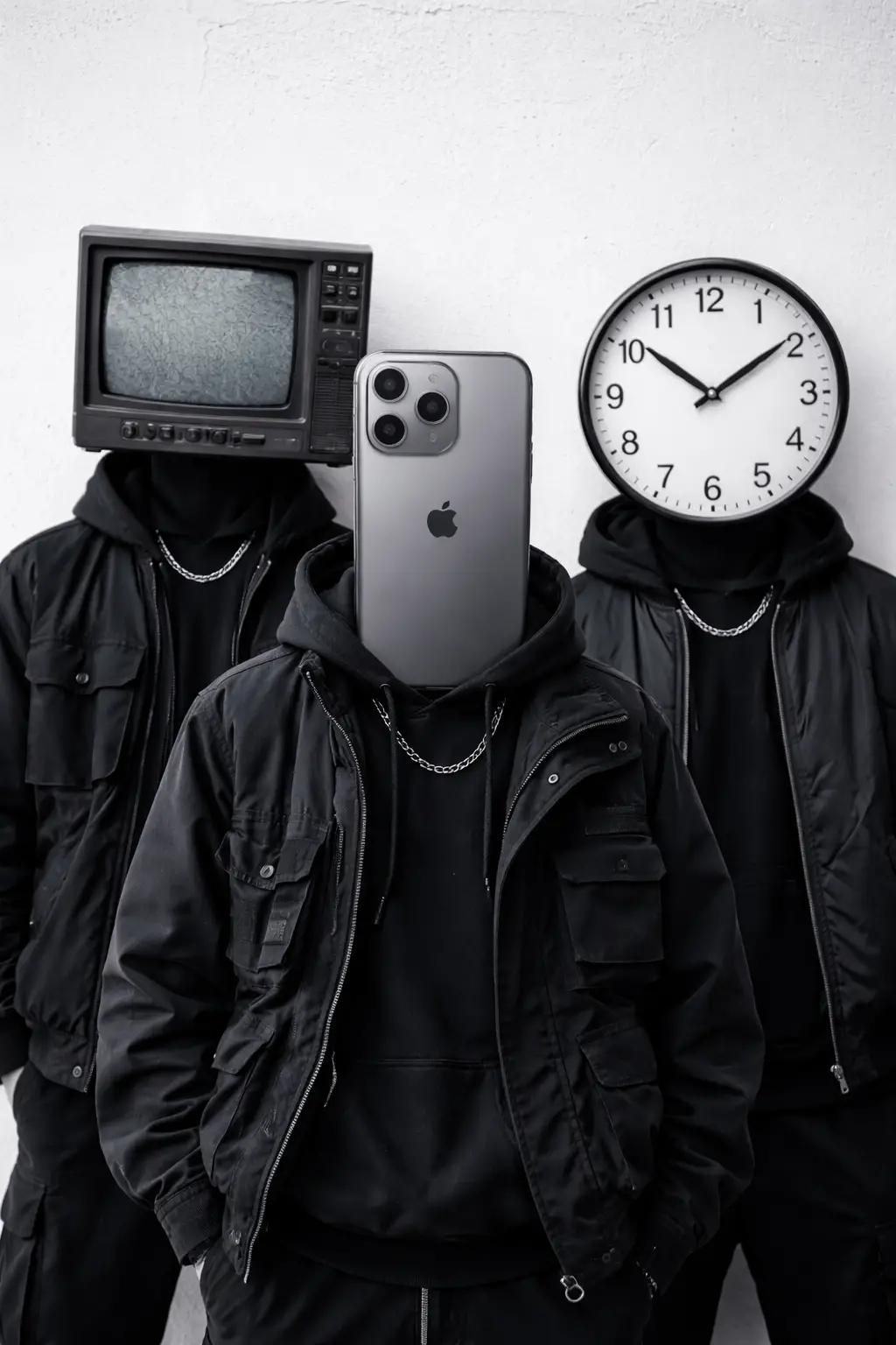 Three surreal figures with object heads against white wall