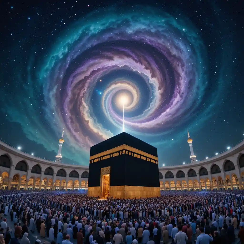 Kaaba leuchtet unter einem kosmischen Himmel über der Großen Moschee in Mekka