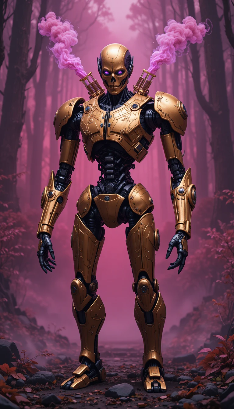 Asymmetrical gold armored humanoid robot in misty forest