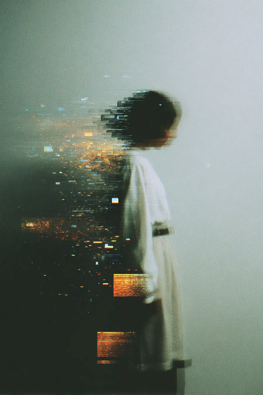 Surreal cinematic portrait of a dissolving woman in motion