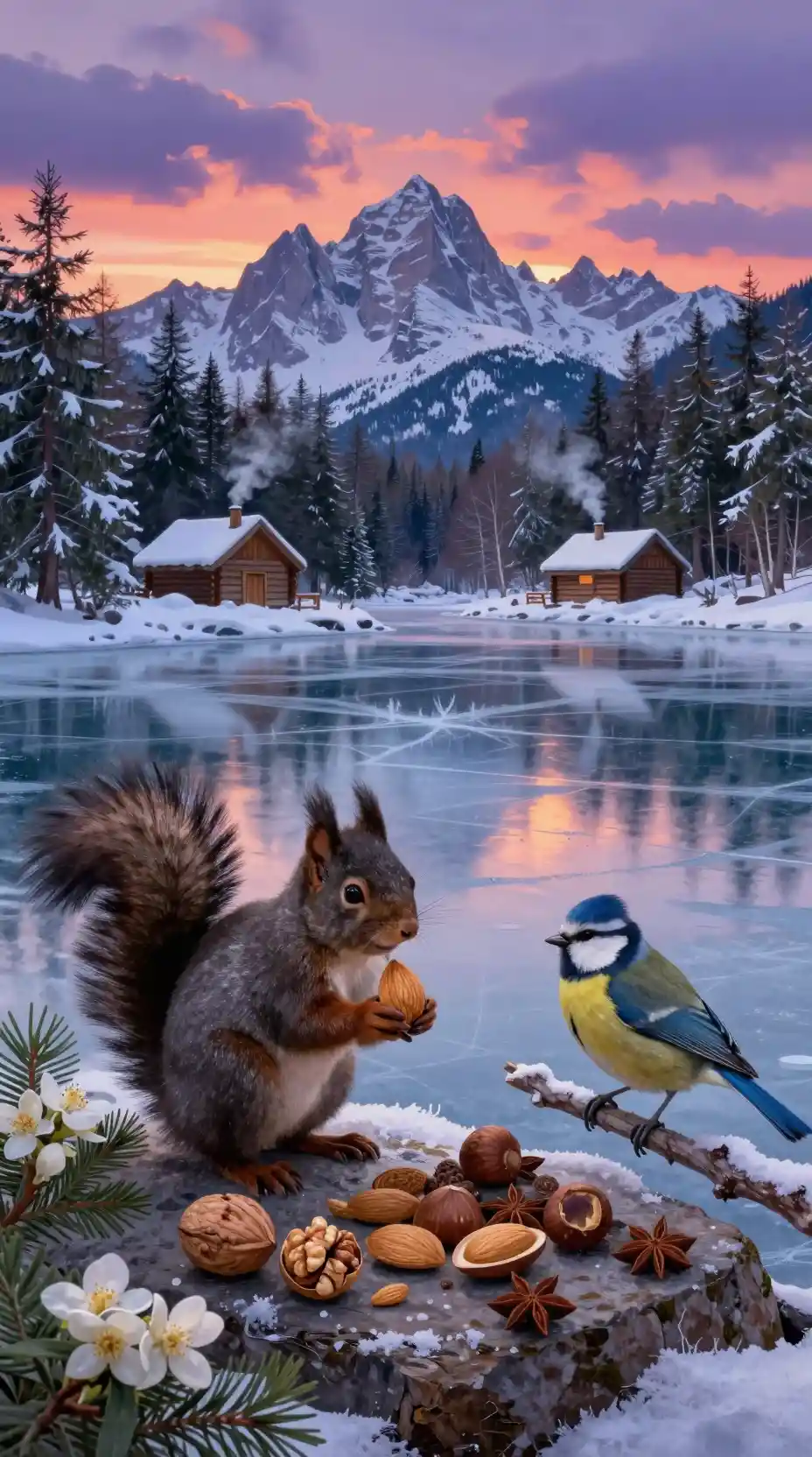 Black squirrel on snowy rock at twilight in mountains