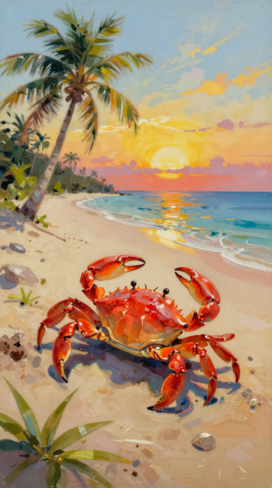 Colorful crab on a tropical beach at sunset by the sea