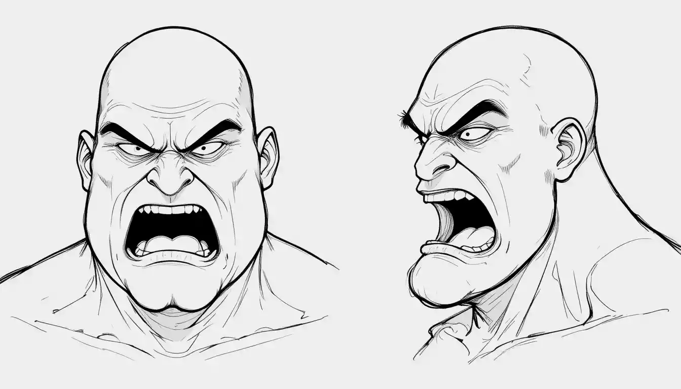 Front and profile sketches of a large bald male character