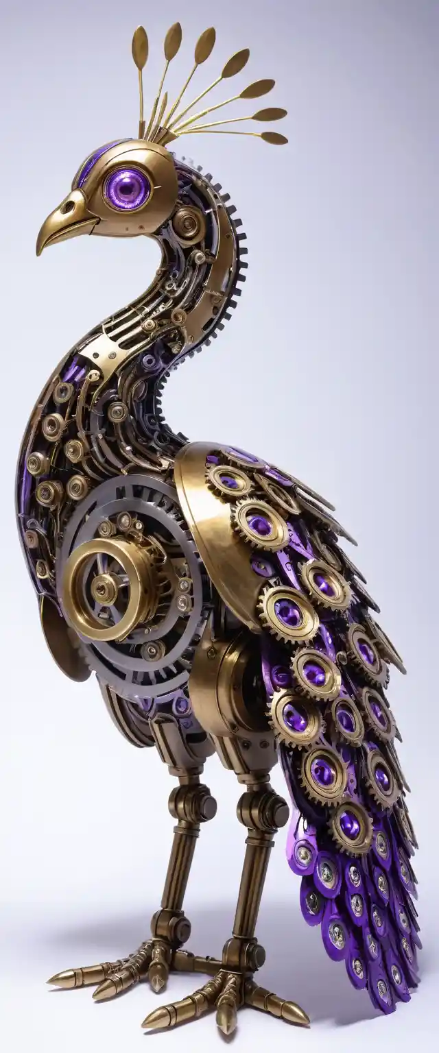 Mechanical peacock of gears with glowing steampunk lights