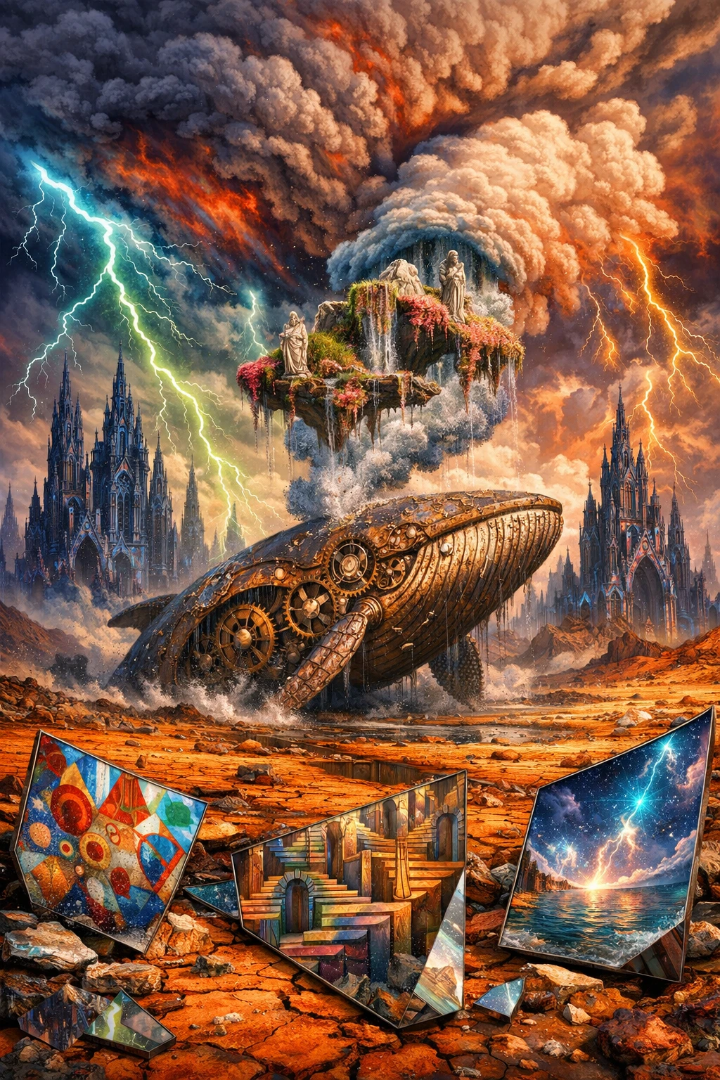 Surreal clockwork whale rising in a gothic desert landscape