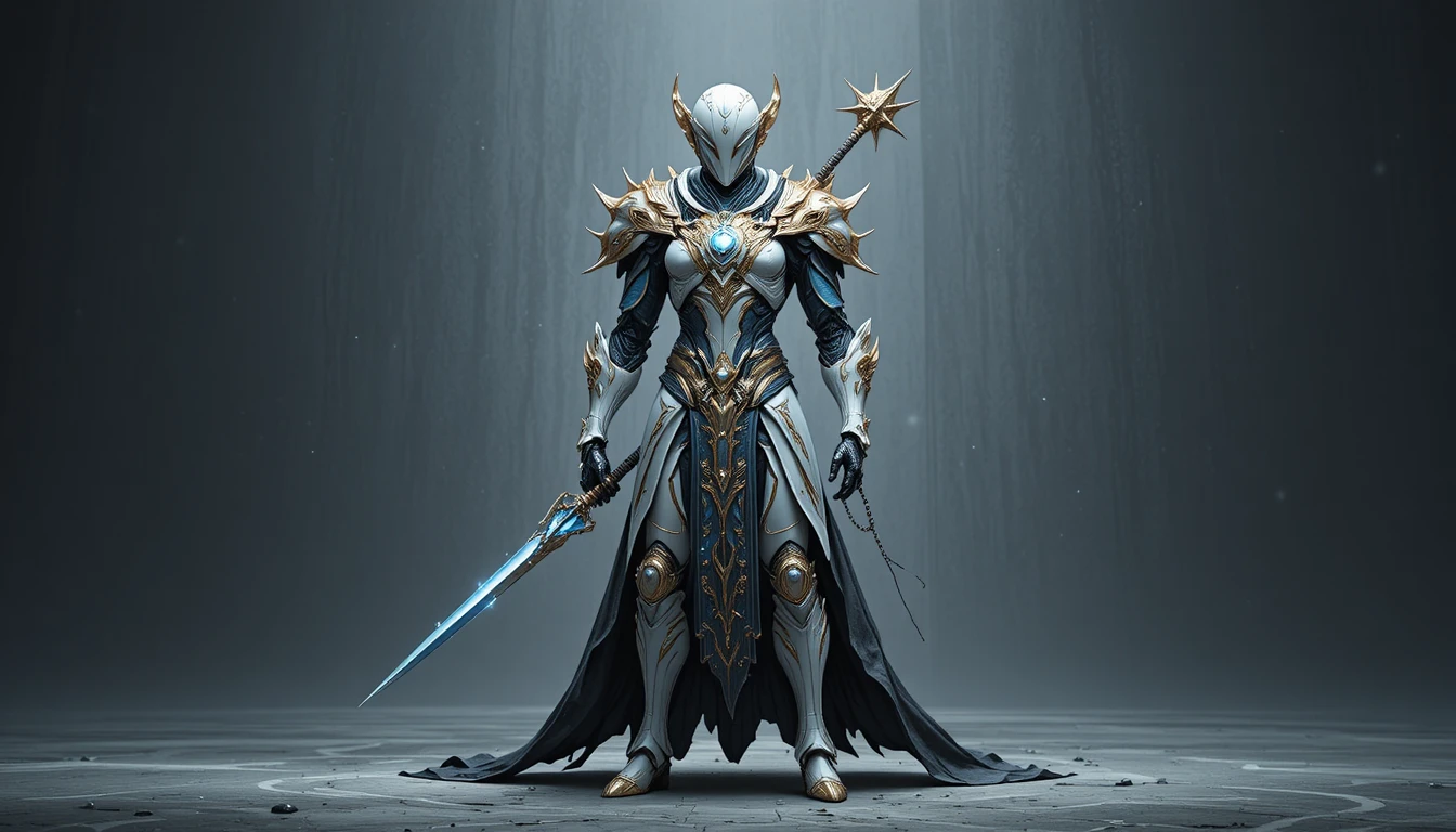 Celestial armored warrior with sword and shield front view