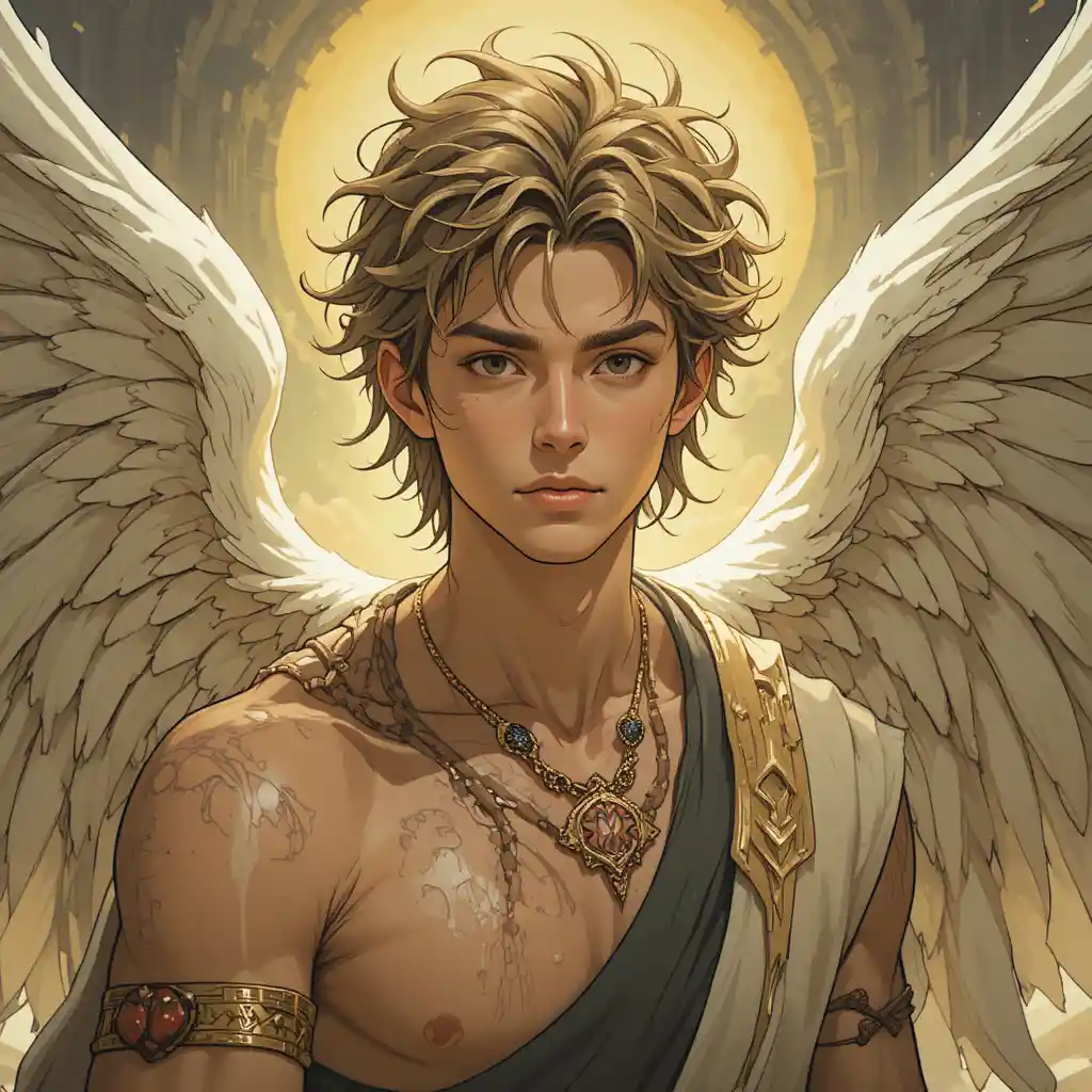 神秘的なファンタジー世界の若き天使戦士の男