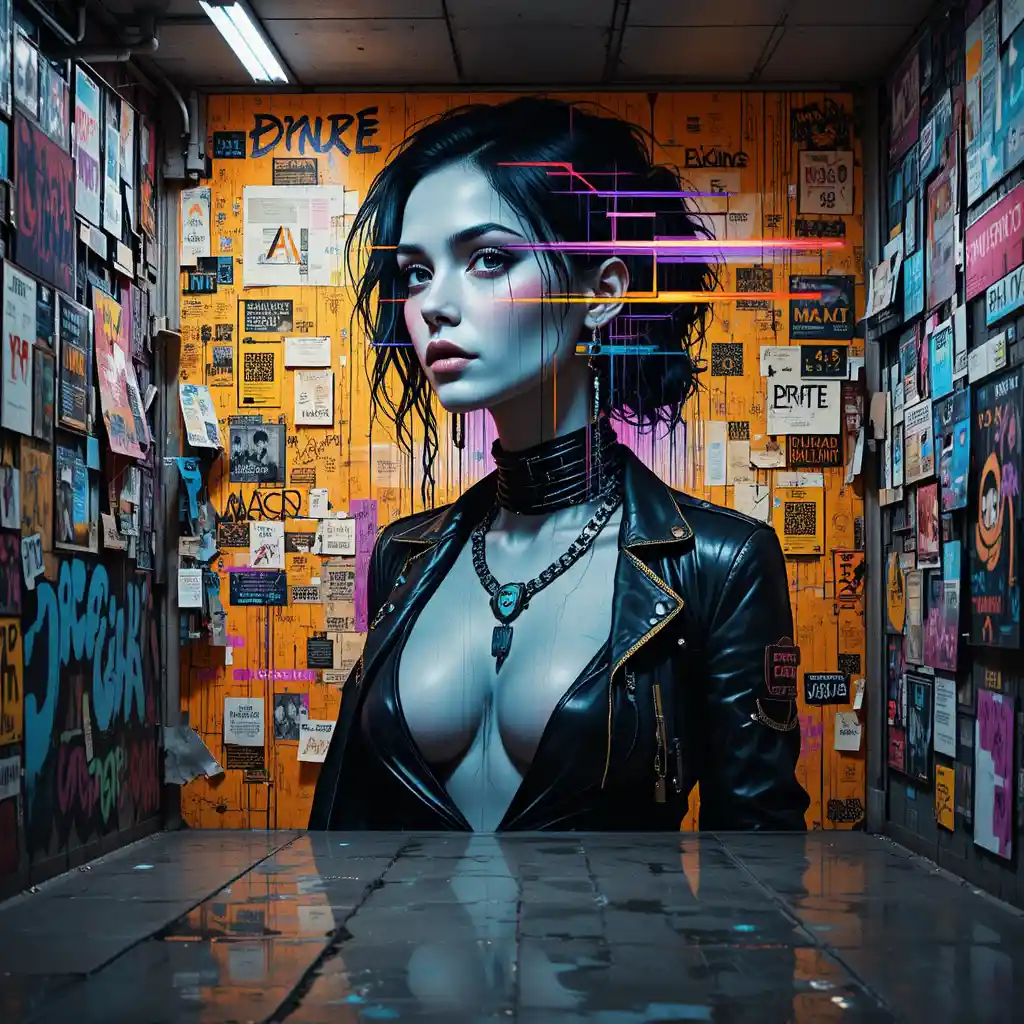 Murale di un'eroina cyberpunk in un corridoio sotterraneo illuminato al neon