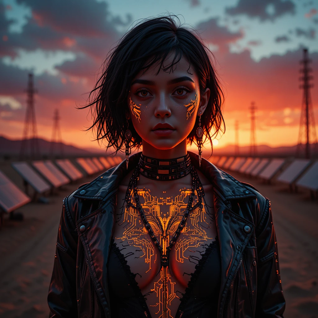 Cyberpunk woman portrait before a burning desert solar farm