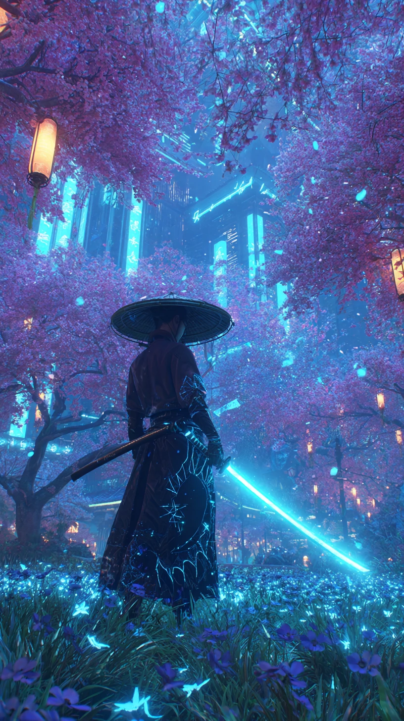 Samurái femenina con katana de neón en campo de flores brillantes