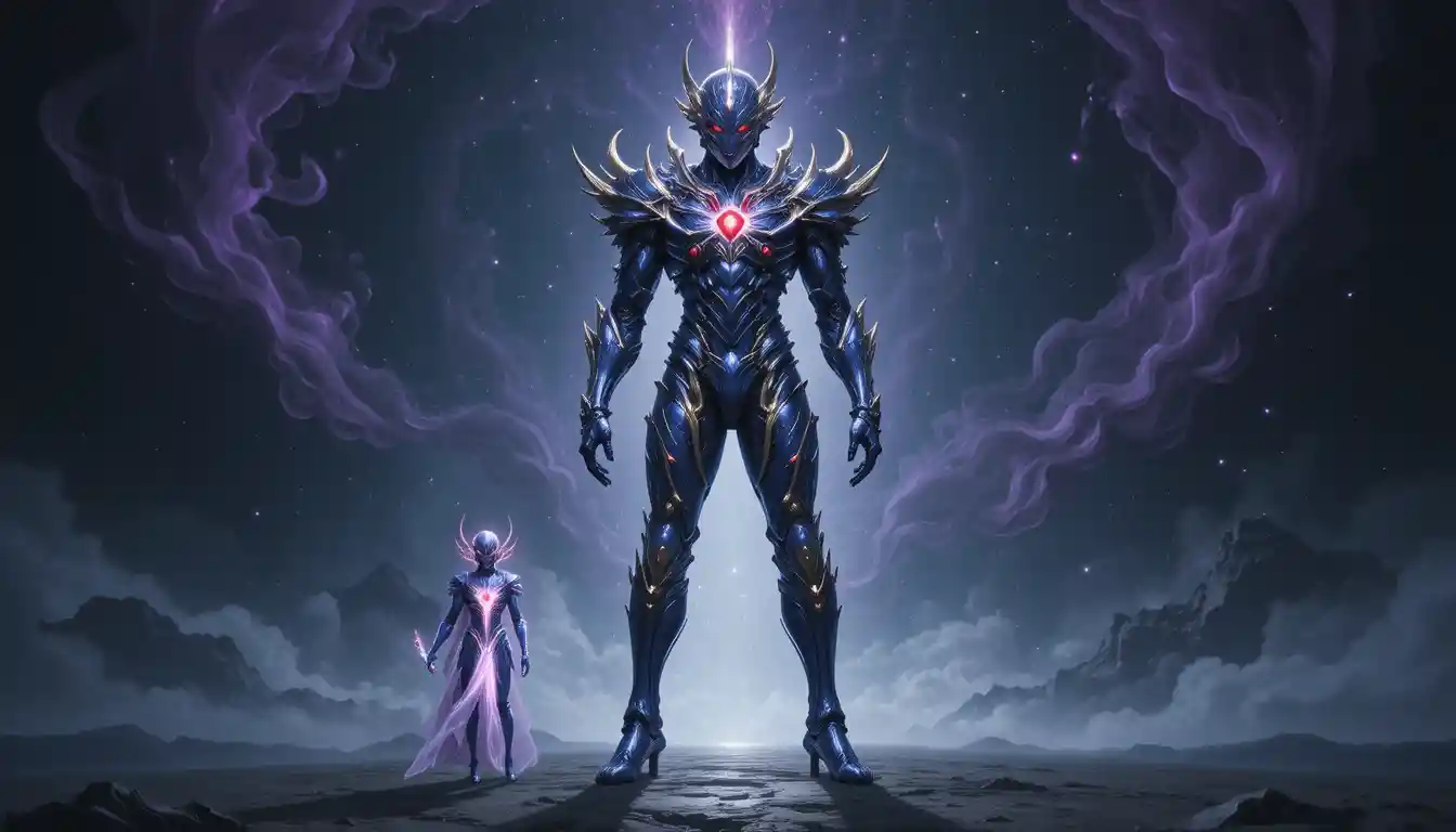 Armored cosmic humanoid standing in glowing nebula void