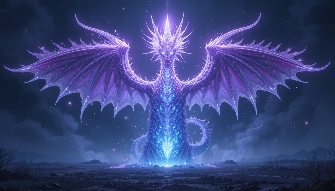 Ethereal glowing dragon above a barren mystical landscape