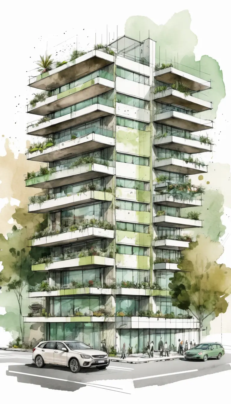 Modern building architectural sketch on presentation board layout