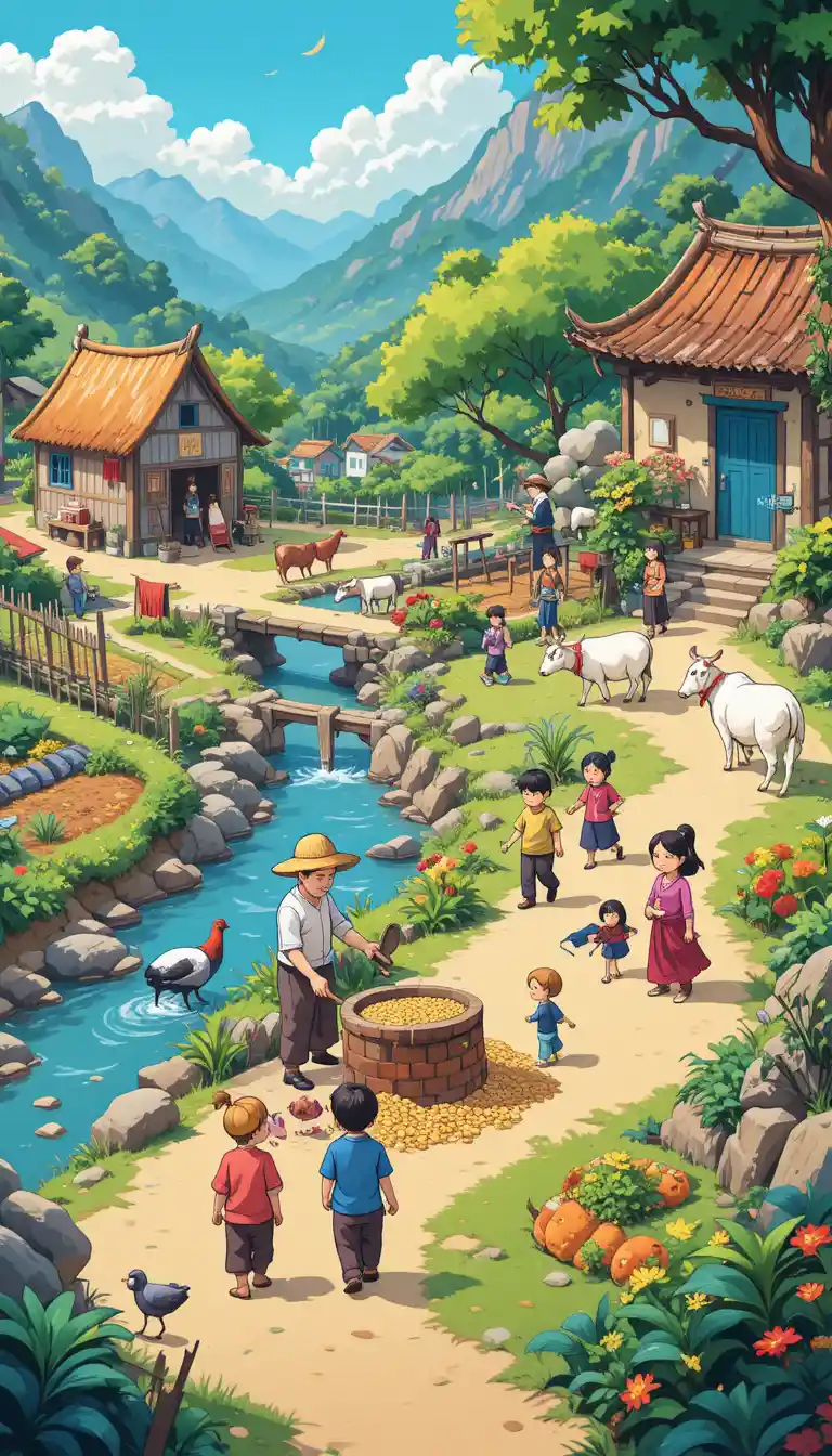 Vilarejo rural chinês em desenho animado com pessoas, animais e casas