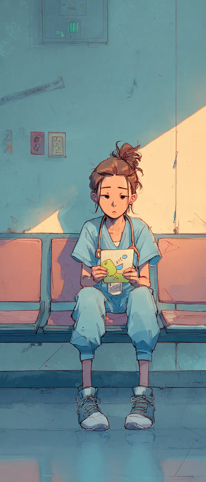 Young anime nurse resting on a hospital corridor bench