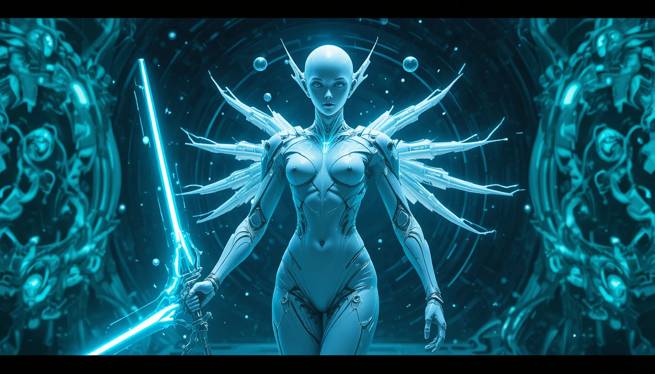 Futuristic biomechanical figure with glowing cyan sword