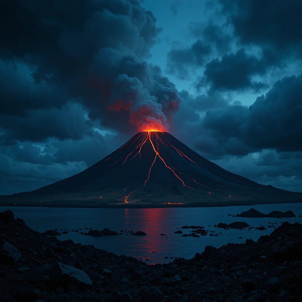 Dark volcanic island glowing with red lava at night