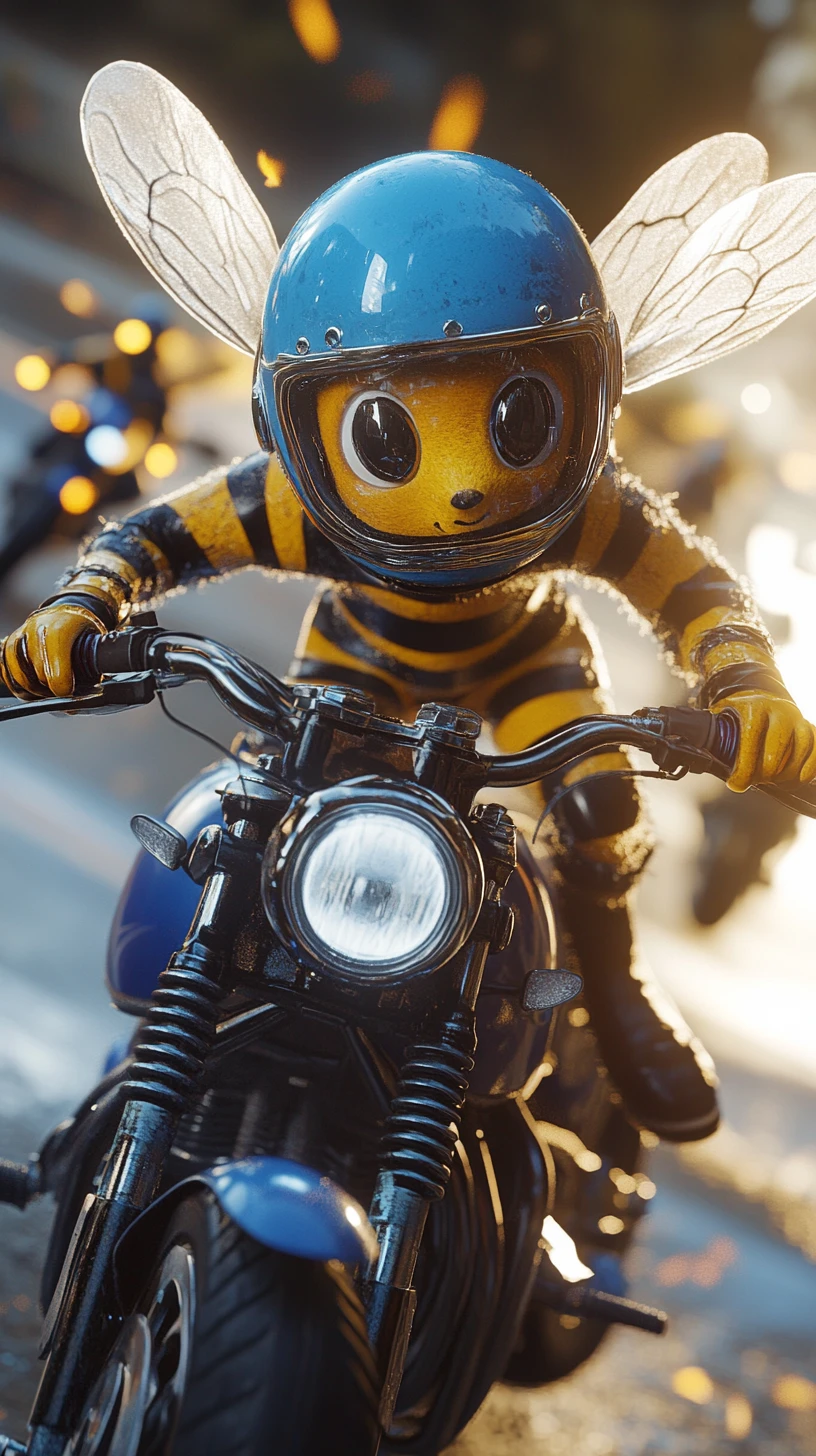 Cartoon bee riding a vintage motorcycle on wet highway