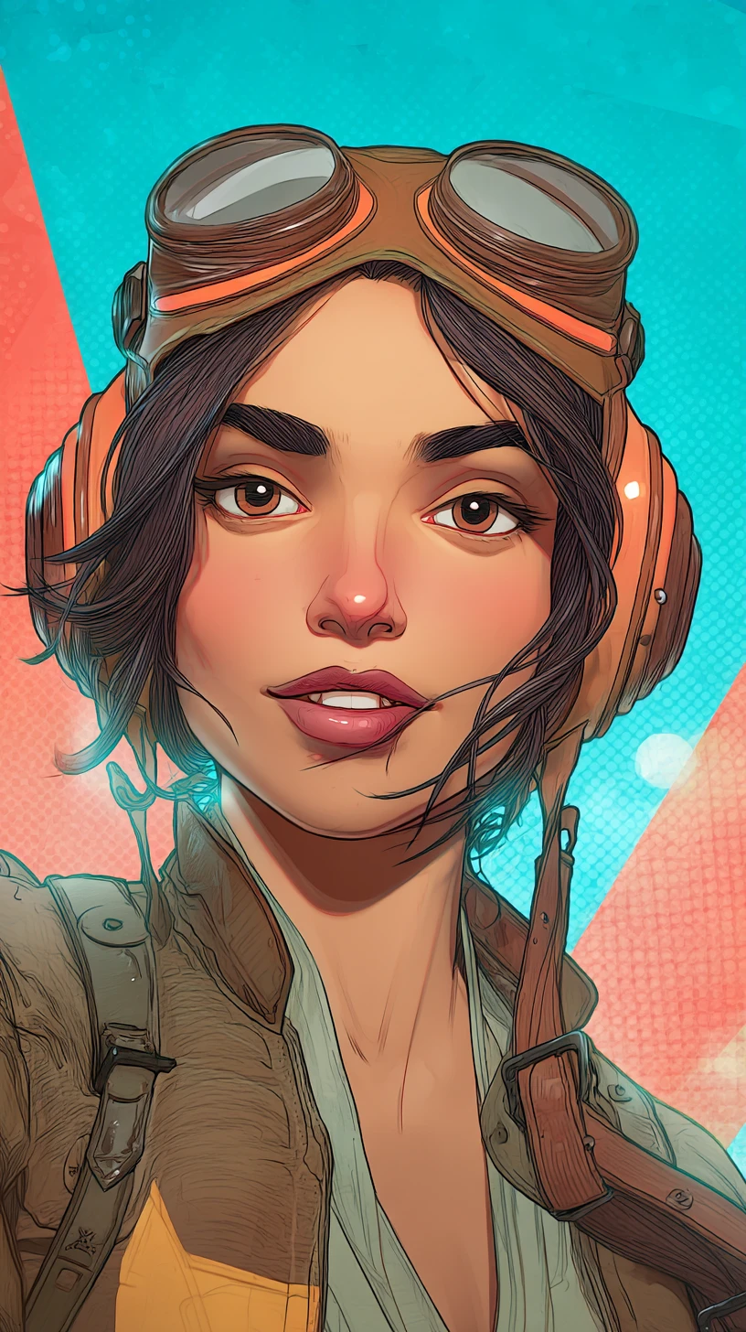 Confident female aviator portrait in retro anime illustration