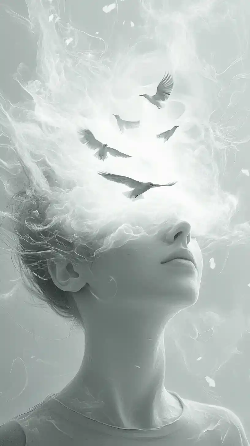 Figura surreale con capelli di nuvola che si dissolvono nel cielo