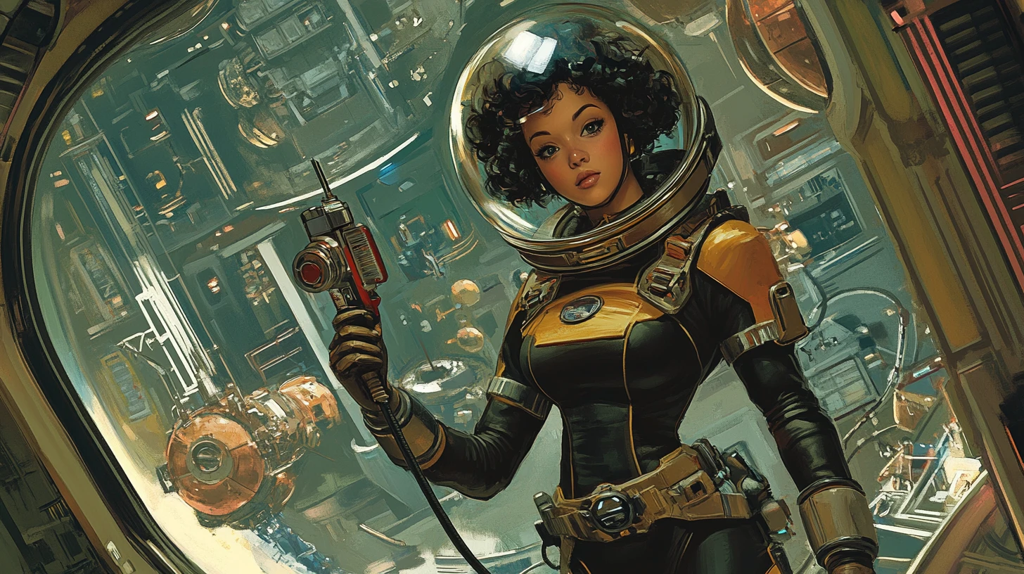 Female astronaut floating in a retro futuristic space station