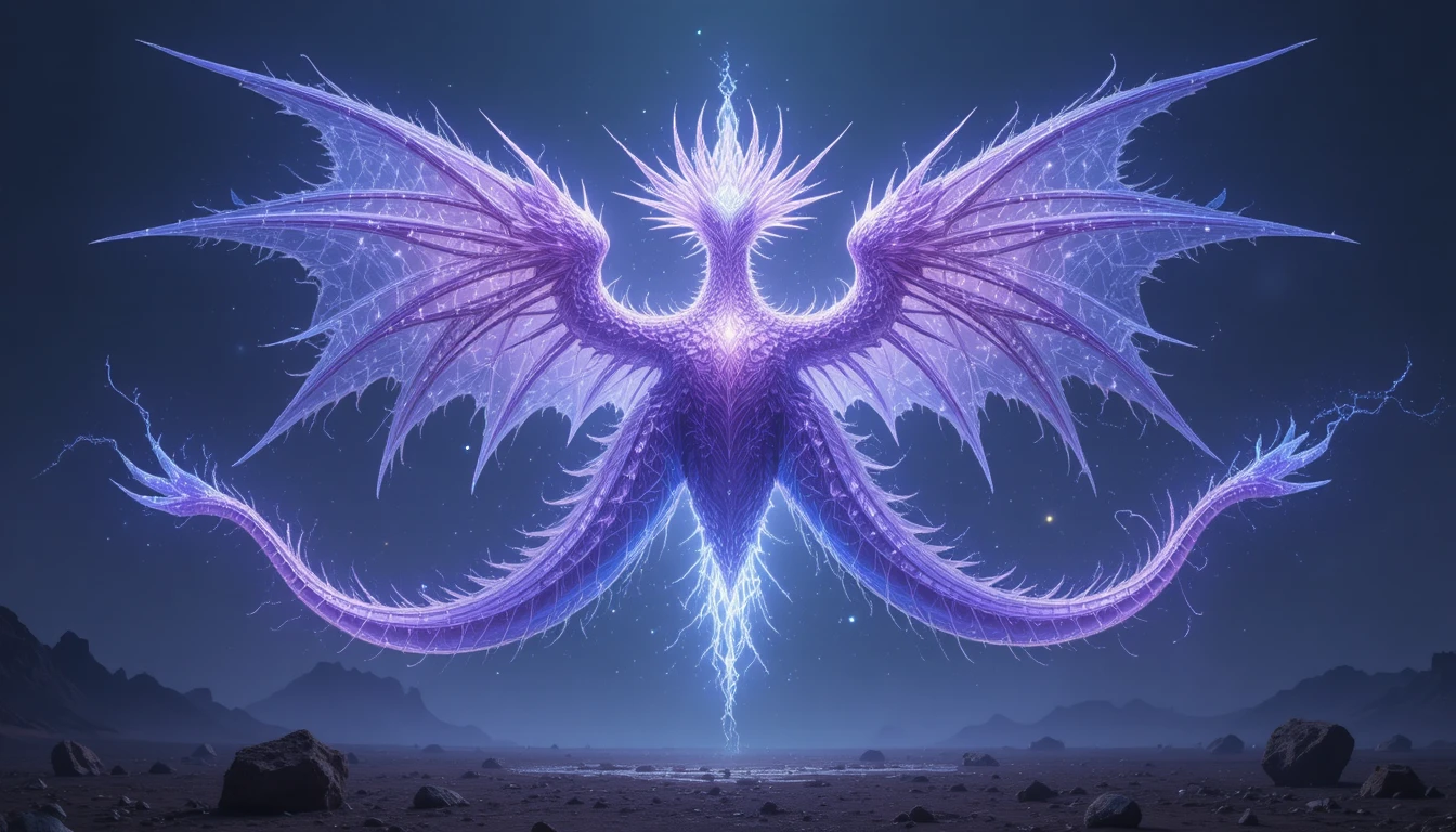 Ethereal glowing dragon floating over barren landscape