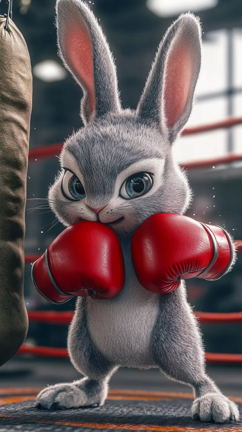Cute boxing rabbit training with a punching bag in ring