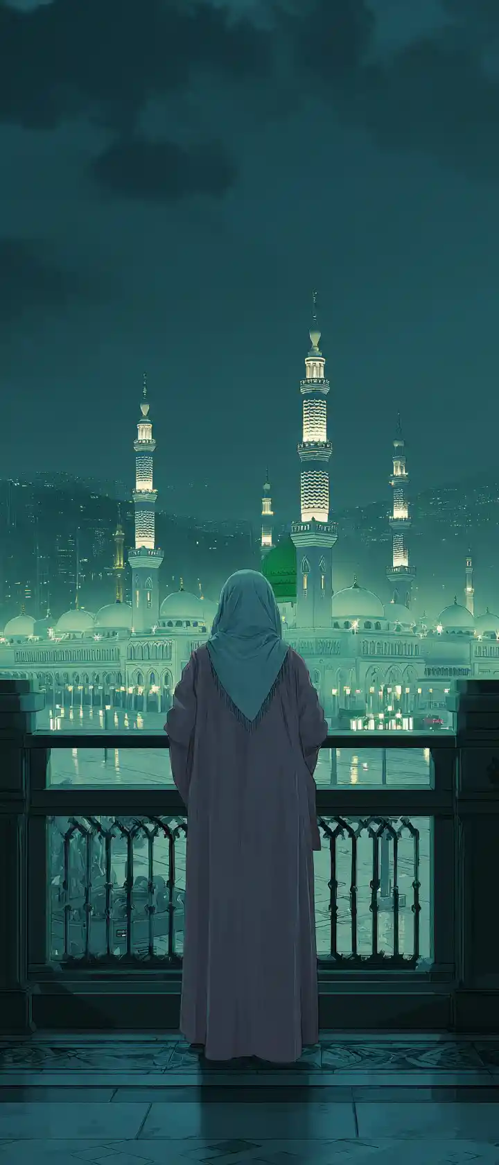 Madre anime sul balcone di fronte a una grande moschea illuminata