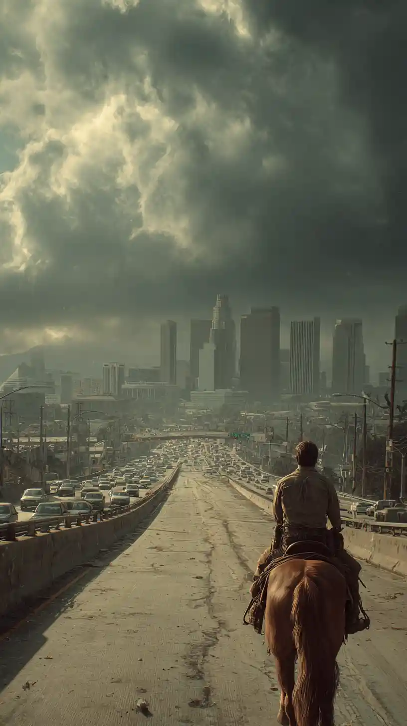 Lone rider on a horse crossing an empty city bridge