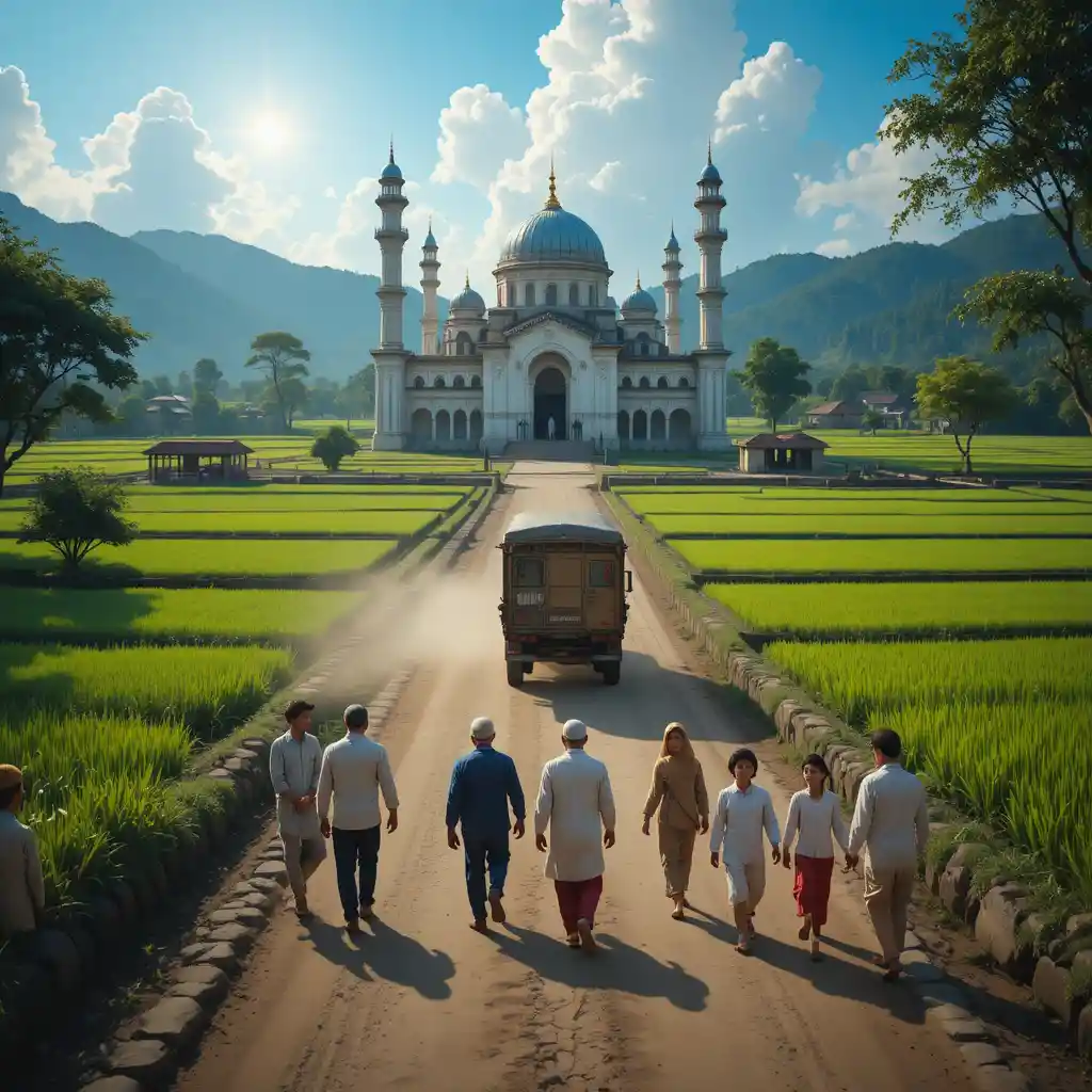 Peaceful village mosque surrounded by green paddy fields