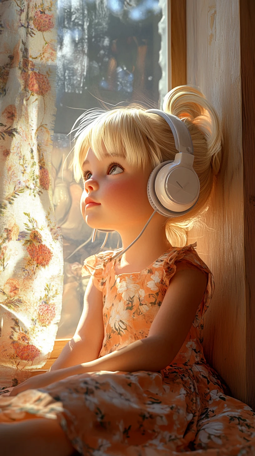 Blonde anime girl with headphones at a sunny window